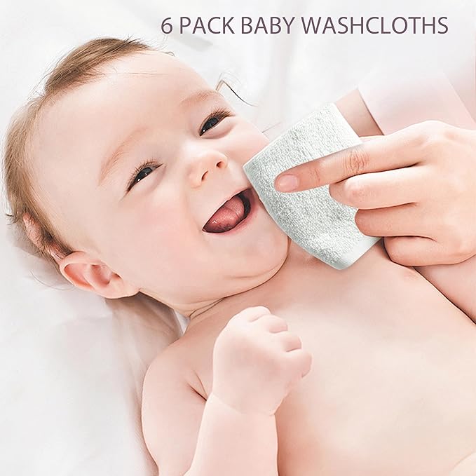 6 Pack Baby Washcloths 100% Cotton Terry Soft and Absorbent Wash Cloths for Face Hand Body Burp Rag Wipes Essentials for Newborns Infants Toddlers Boys Girls