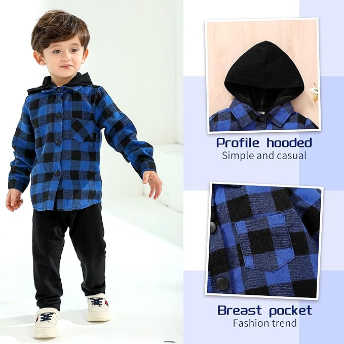 YOUNGER STAR Toddler Kids Boys Girls Flannel Hooded Plaid Shirt Button Baby Red Clothes