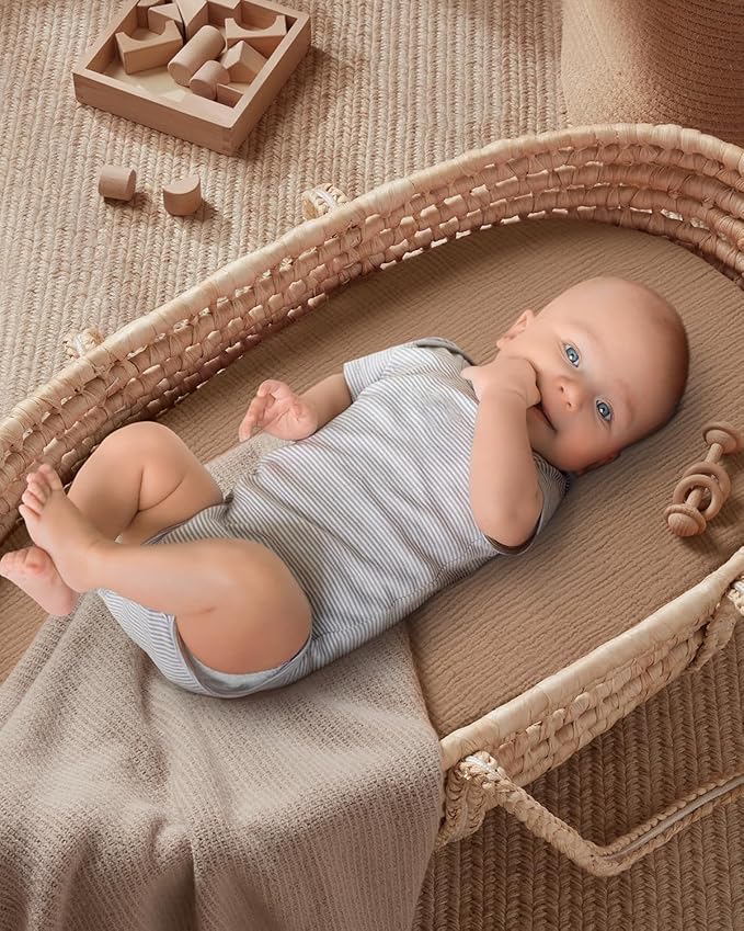 Blissful Diary Muslin Bassinet Sheets for Baby Girls Boys, Boho Soft Cotton Fitted for Oval Hourglass Rectangle Mattress, 2 Pack(Brown Checkboard & Brown)