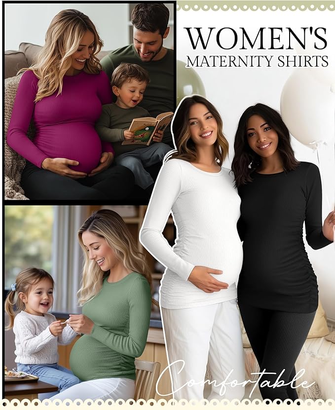 Ficerd 4 Pack Women's Maternity Shirts Cotton Long Sleeve Ribbed Crew Neck Pregnancy Tops Side Ruched Casual Mama Clothes