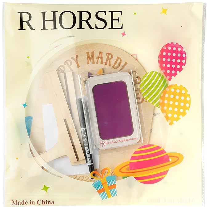 R HORSE 3D Baby's First Mardi Gras Footprint or Handprint Art Sign Craft, Happy Mardi Gras DIY Wooden Hanging Decoration, Newborn Keepsake Gift for Unisex Baby Carnival Party Photo Prop Nursery Decor