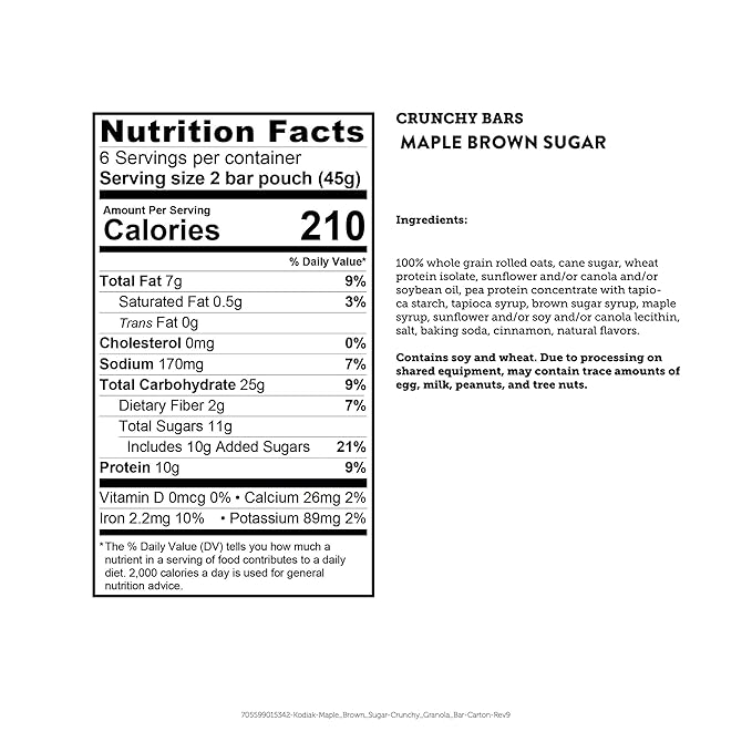 Kodiak Crunchy Granola Snack Bars, Maple Brown Sugar, High Protein, 100% Whole Grains, 1 box with 6 pouches (12 bars)