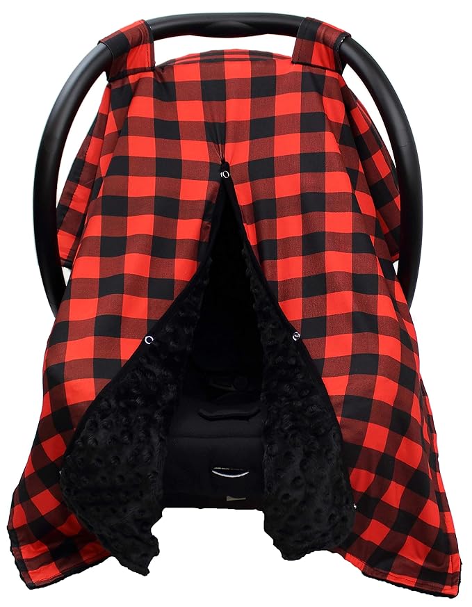 Dear Baby Gear Car Seat Canopy - Unisex Infant Car Seat Cover - Soft and Breathable Fabric - Fits Most Carseats - Perfect Lumberjack Red Black Plaid/Black Dot - 40"x30"