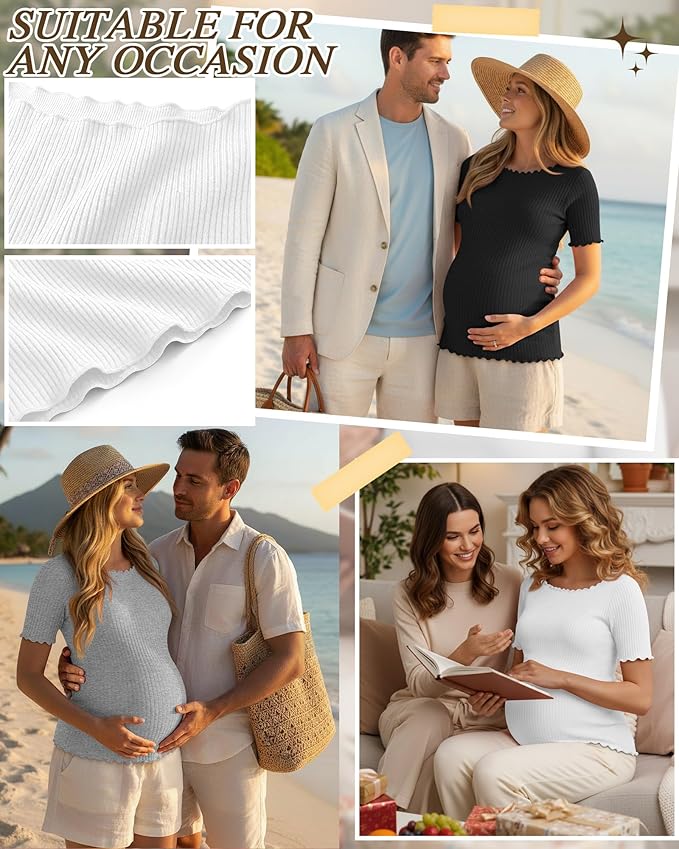 3 Pack Women's Maternity Ribbed Shirts Cotton Short Sleeve Pregnancy Tops Boat Neck Lettuce Trim Mama Clothes
