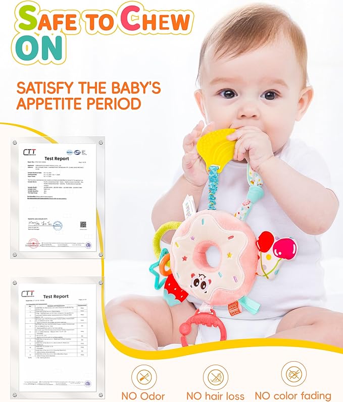 Jollybaby Baby Pull Vibration Toy - Tummy Time Sensory Hanging Toys for Car Seat, Stroller, Crib & Play Gym, with Babies Rattles & Teether, Airplane Travel Toys for Toddlers Gift - Donut