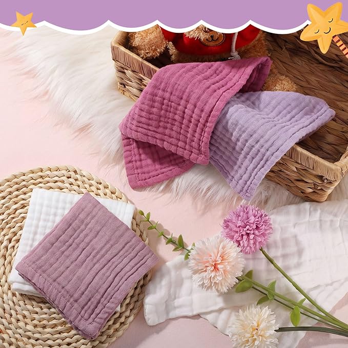 8 Pcs Baby Washcloths for Newborn 12 x 12 Inch Muslin Face Towels Cotton Absorbent for Delicate Skin Soft Muslin Cloth Reusable Baby Registry as Shower Gift, 4 Colors(Purple Color)