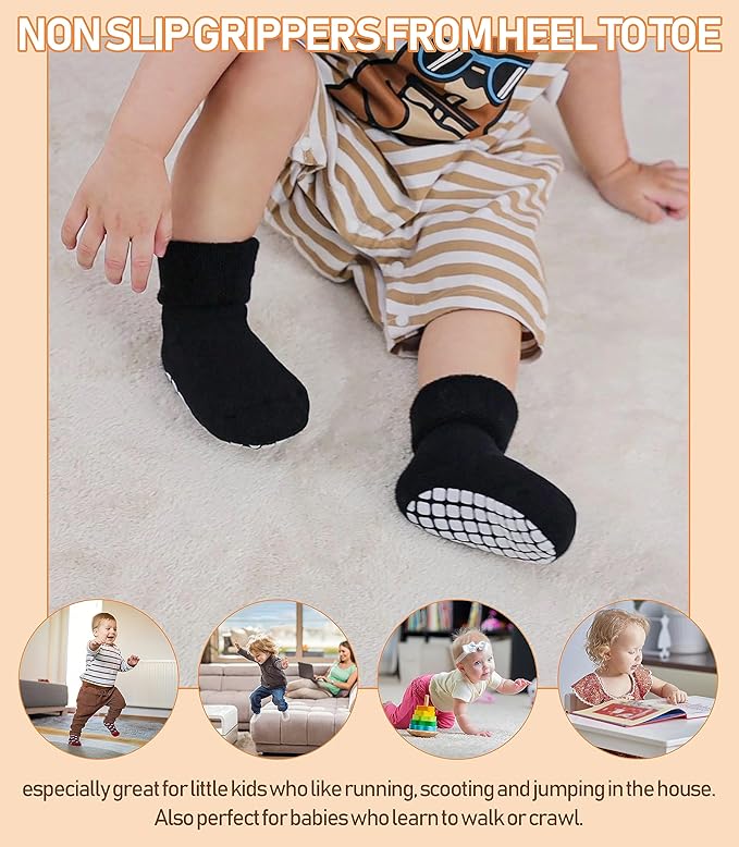 LANLEO Baby Girls Boys Non Slip Socks with Grips Toddler Kids Unisex Warm Thick Cotton Ankle Crew Socks with Grippers