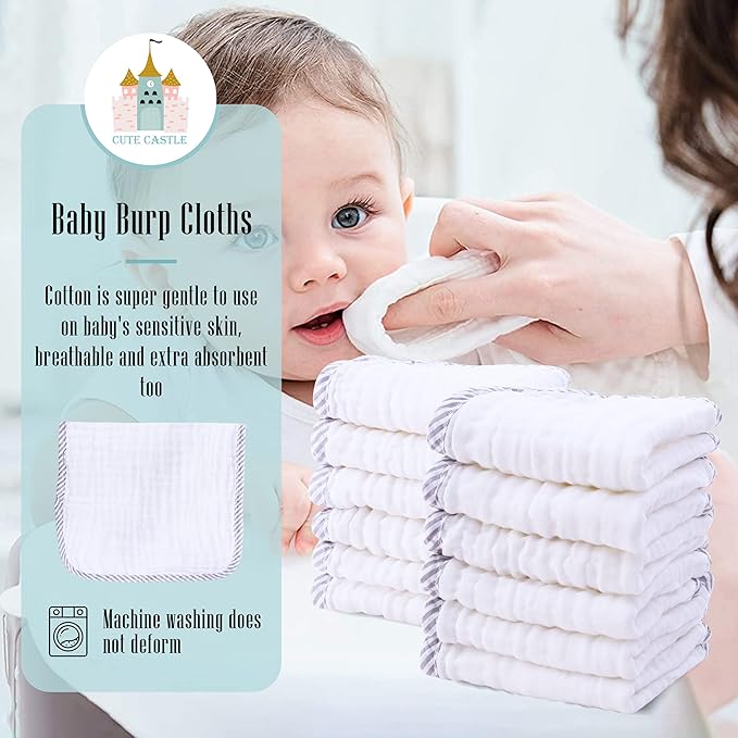 Cute Castle 12 Pack Muslin Burp Cloths for Baby - Ultra-Soft 100% Cotton Baby Washcloths - Large 20'' by 10'' Super Absorbent Milk Spit Up Rags - Burpy Cloths for Unisex, Boy, Girl - Stripe