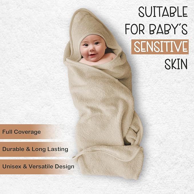 100% Organic Cotton Plush Woven Hooded Baby Bath Towels - Soft and Absorbent 31x31 Inches for Newborns and Kids, Hooded Baby Towels, Premium Infant Towels (Ivory)
