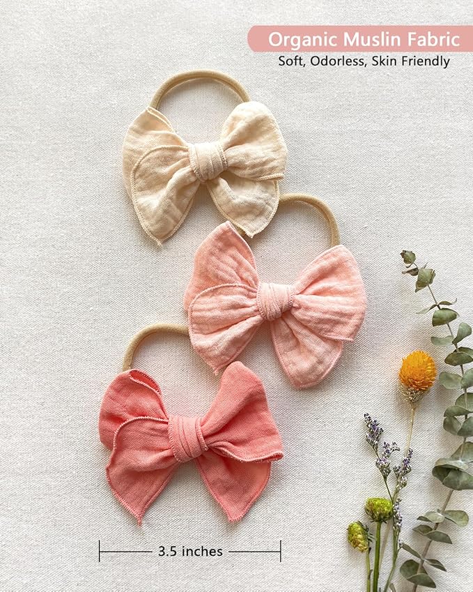 Cherssy Baby Girl Muslin Headbands, 3.5" Cotton Hair Bows Nylon Hairbands for Newborns, Infants, Toddlers - 6pcs