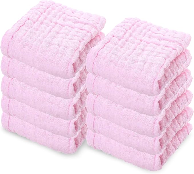 10 Pack Soft Muslin Unisex Baby Washcloths for Daily Use, 100% Cotton Set for Delicate Skin. Soft and Super Absorbent, Newborn Baby Essentials and Baby Registry,12x12 Inches (Pink)