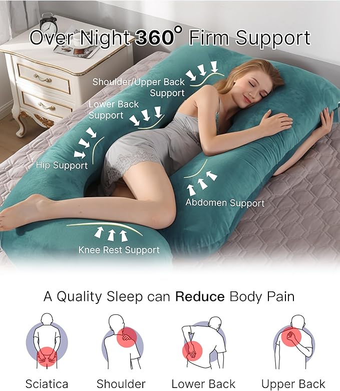 ALLOPERA Pregnancy Pillow, Full Body Maternity Pillow 57 inch, with Removable Washable Cover - Sleep Support for Legs, Back, Neck, Shoulder, HIPS, Belly, Velvet Cover (Dark Green)