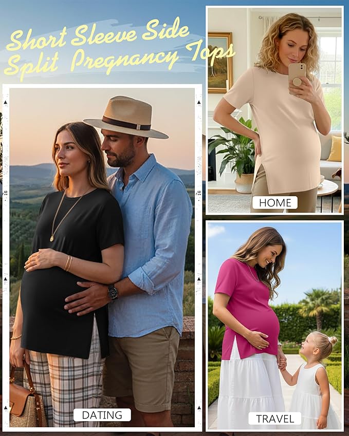 Ficerd 3 Pack Women's Maternity T Shirts, Short Sleeve Side Split Pregnancy Tops Casual Crew Neck Pregnant Tees Mama Clothes