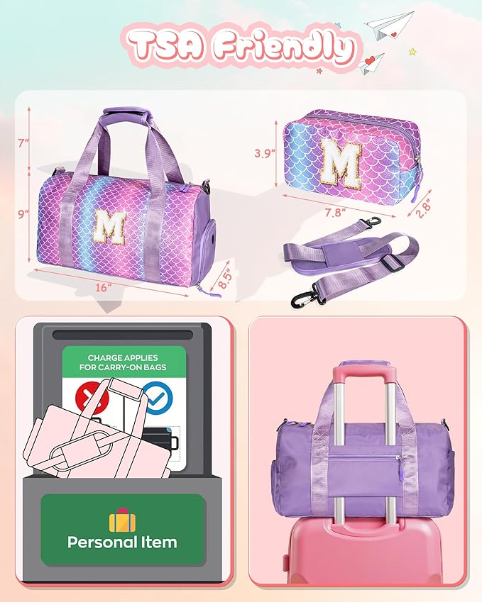 Gifts for Teenage Girls-Birthday Gift for Daughter 3-12 Years Old-Girl Gym Bag with Shoe Compartment, Kid Personalized Dance Bags with Makeup Pouch, Gifts for Granddaughter/Kids (Letter A)