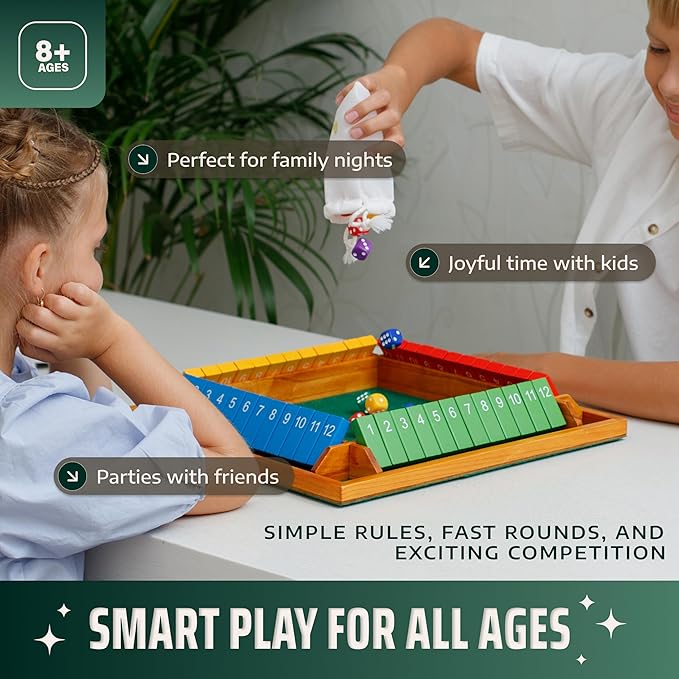 Shut The Box Game Wooden Board for 4 Players - 14-inch Shut The Box Game 12 Numbers for Adults & Kids - Ideal for Games Night