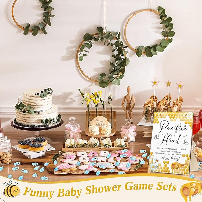 Roowest 51 Pcs Pacifier Hunt Baby Shower Games Include Wooden Hunt Sign and 50 Acrylic Mini Plastic Pacifiers for Baby Shower Game Decoration Gift Sets Gender Reveal Party Supplies