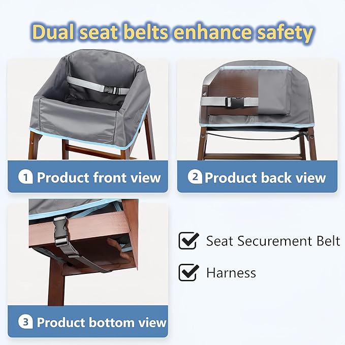 Reusable Waterproof High Chair Cover,for Wooden or Restaurant High Chair, Protect Against Messy Meals and Dirty,Dual-Belt Baby High Chair Cover,Waterproof and Washable,Gray
