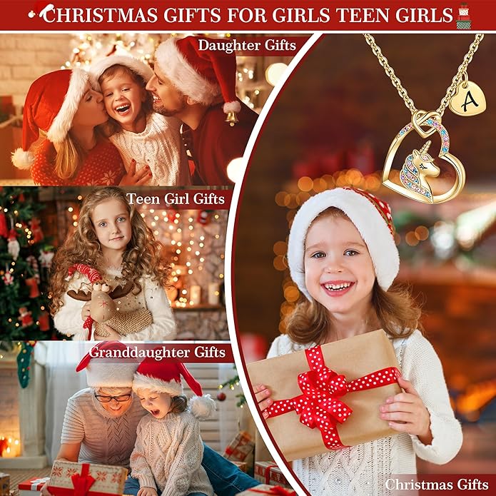Hidepoo Valentines Gifts for Kids Girls - Unicorn Necklace Gifts for Teen Girls Kid, Colorful CZ Heart Pendant Initial Unicorn Necklaces for Girl Jewelry Birthday Gift for Girl Kid