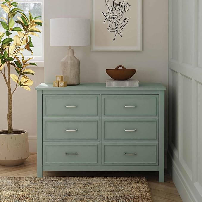 Davinci Charlie 6-Drawer Baby Dresser - GREENGUARD Certified, Wooden Double Chest of Drawers for Kids - Easy to Assemble, Multi-Purpose Storage Dresser for Bedroom, Nursery, Living Room - Light Sage