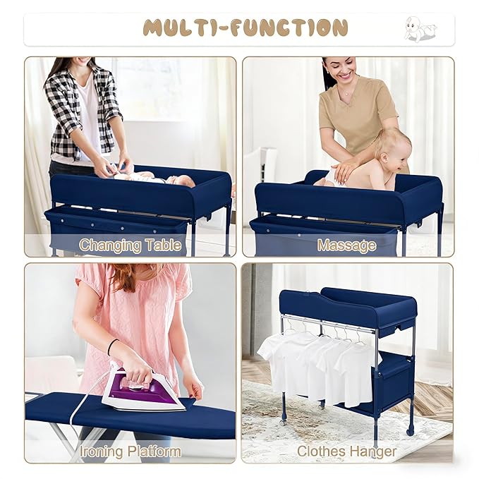 Folding Baby Changing Table Portable with Waterproof Pad, Adjustable Height Changing Station with Storage Drawers, Mobile Nursery Organizer for Newborn Infant Baby, Blue