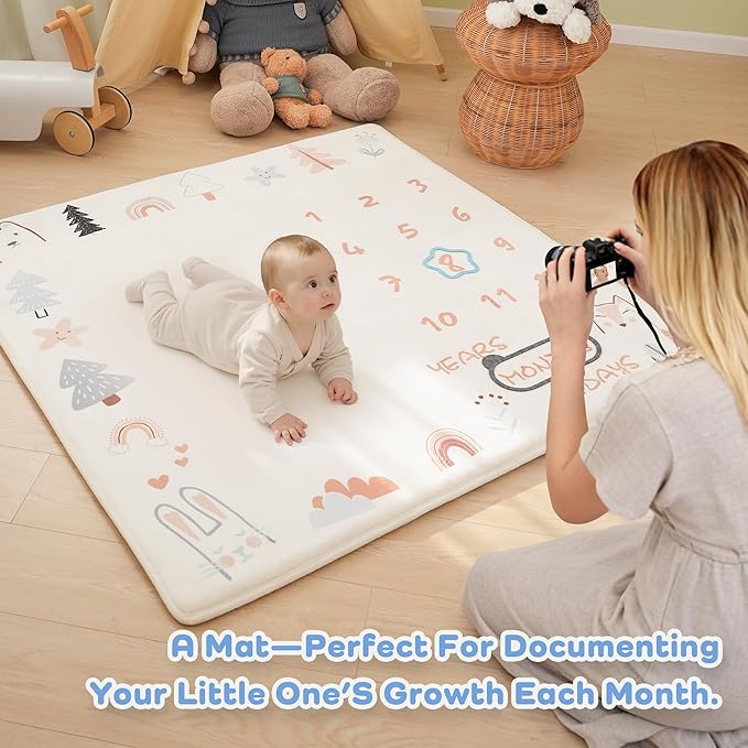 1.3" Thick Playmat for Floor, 50 x50 Monthly Milestone Mat, Padded Support Soft Plush Nursery Mats for Crawling Kick Activity, Flannel Photography Background Prop for Boys Grils