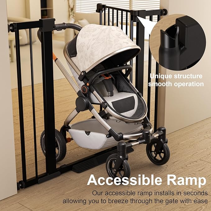 29-42 inches Metal Baby Gate for Stairs/Doorways, 30 inches Tall Pressure Mounted Pet Gates, Auto-Close Child Safety Gate, No Drilling Easy Walk-Through Dog Gate Indoor, Black