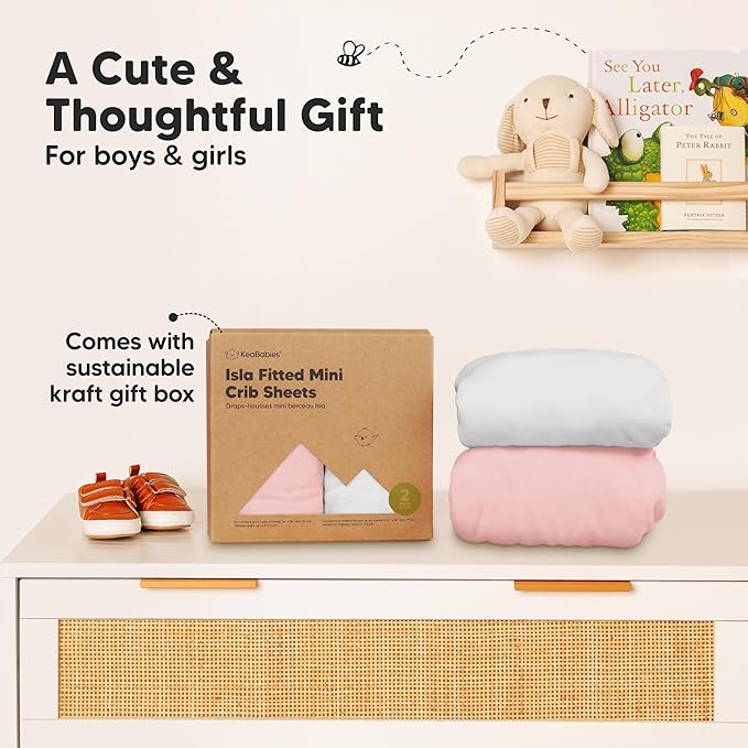 Pack and Play Sheets Fitted - 2-Pack Mini Crib Sheets for Pack N Play Mattress 38x26, Soft & Cozy, Neutral Toddler Playard Bedding, Snug Fitted Mini Baby Crib Mattress Cover Boy, Girl (Rose)