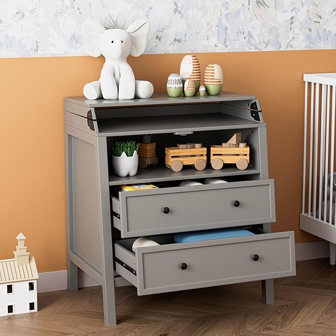 UbabyNest Baby Changing Table with Foldable Tabletop, Baby Dresser with 2 Wide Drawers & Open Storage Space, Modern Diaper Changing Station, Perfect for Nursery, Grey (Pad Not Included)