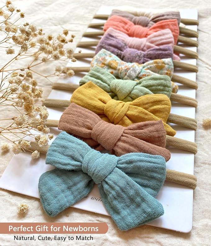 Cherssy Baby Muslin Hair Bows and Headbands, 10pcs Soft Nylon Hairbands for Newborn, Infants, Toddlers
