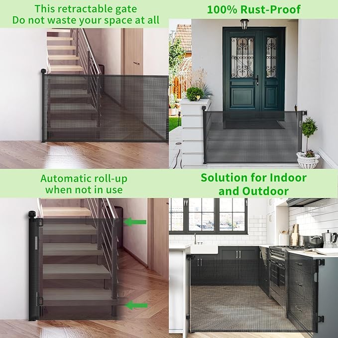 Upgraded Retractable Baby Gate for Stairs, 33"Tall Expands 71"Wide Ideal Safety Solution Dog Gate for Stairs Doorways Hallways Indoor/Outdoor Mesh Baby Gate Retractable Screen Door(Black,86CMx180CM)