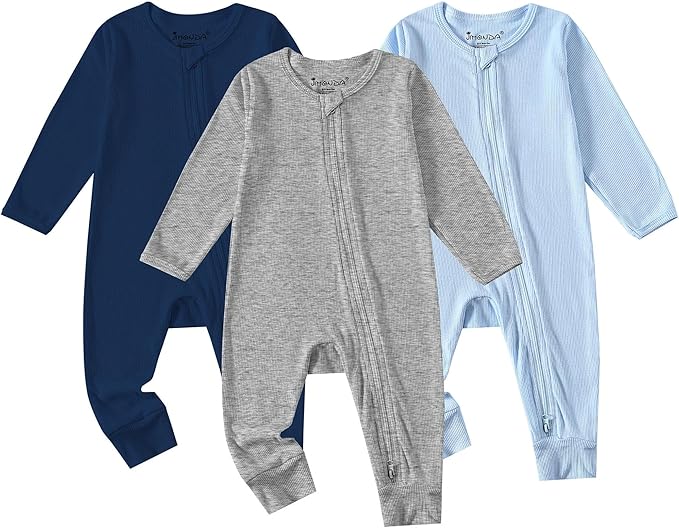Jimonda Ribbed Rayon From Bamboo Baby Boys/Girls Sleepers, 2-Way Zipper Long Sleeve Footless Pajamas With Mittens Soft Pjs