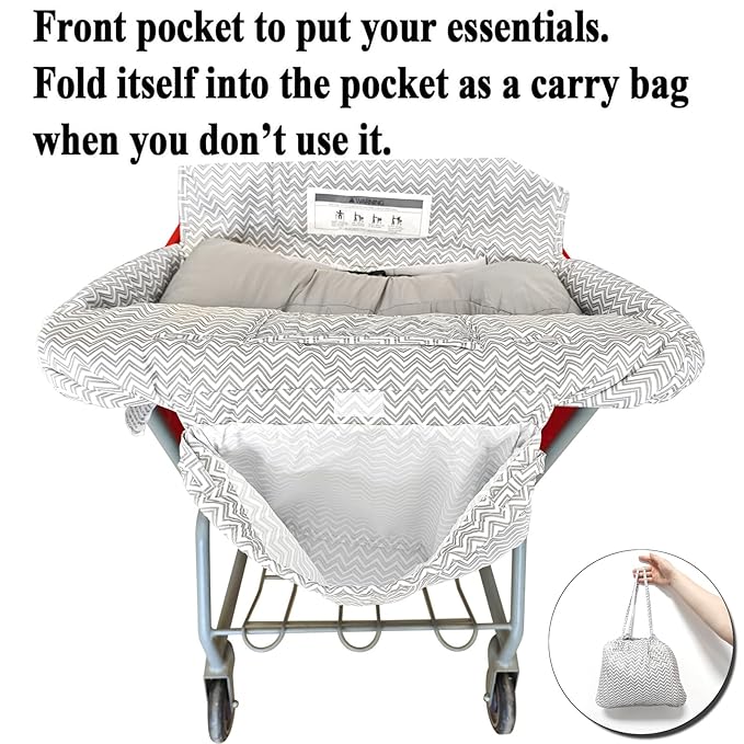 Love&go Soft Pillow Attached 2-in-1 Shopping Cart and High Chair Cover for Baby, Cotton Padded Cart Cover, Fold'n Roll Style, Portable with Carry Bag (Gray Chevron)
