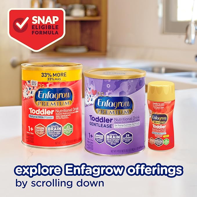 Enfagrow PREMIUM Toddler Nutritional Drink, Made with Real Milk, Brain-Building Omega-3 DHA, Nutrients and Prebiotics for Growth & Immune Support, Non-GMO, Toddler Milk Powder, 32 Oz Can, 6 Count
