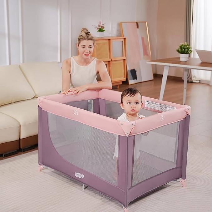 Pamo Babe Compact Pack and Play - Portable Crib for Baby, Lightweight Foldable Travel Playard with Mattress Pad & Carry Bag, Safe Breathable Travel Bed for Home, Trips & Family Visits, Pink