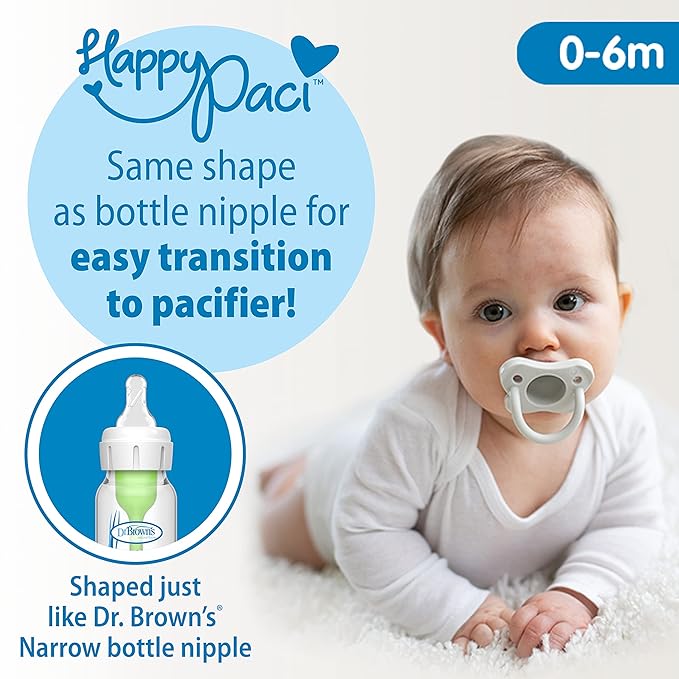 Dr. Brown's Natural Flow Anti-Colic Options+ Narrow Breast to Bottle Pump & Store Feeding Set with Slow Flow Nipples, Baby Travel Caps and 100% Silicone HappyPaci One-Piece Pacifier, Blue (Pack of 12)