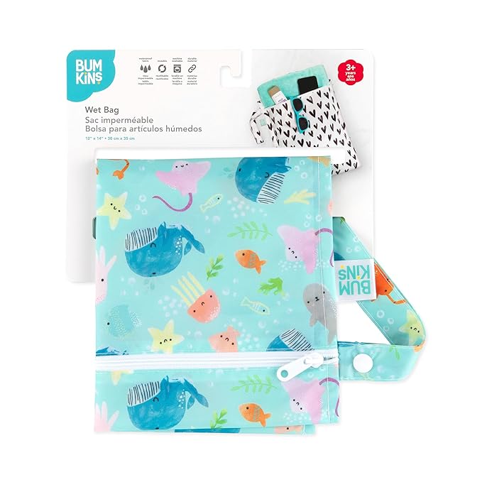 Bumkins Waterproof Wet Bag for Baby, Travel, Swim Suit, Cloth Diapers, Pump Parts, Pool, Beach, Gym Clothes, Toiletry, Hook to Stroller, Daycare, Zipper Reusable Wetdry Packing Pouch, Ocean Life Blue