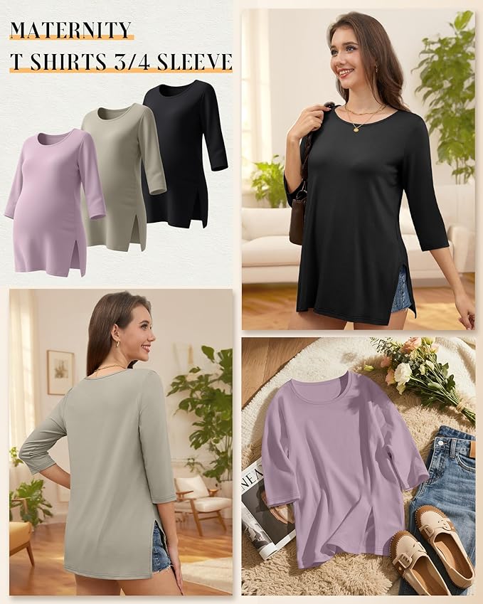 3 Pack Women's 3/4 Sleeve Maternity Shirts Elbow Length Clothes Round Neck Tunics Pregnancy Loose Side Split Tops