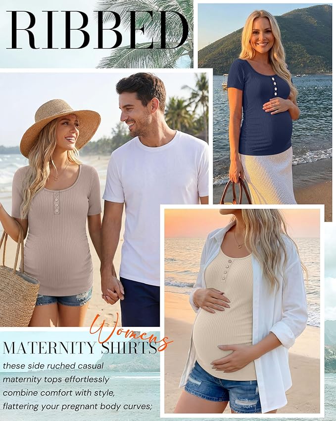 4 Pack Womens Maternity Shirts Scoop Neck Cotton Short Sleeve Ribbed Pregnancy Top Henley Side Ruched Mama Clothes