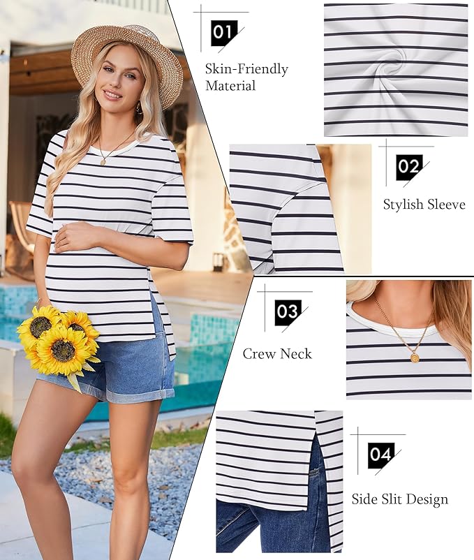 Ekouaer Maternity Shirts 3 Packs Short Sleeve Womens Oversized Pregnancy Tops Split Side Postpartum Blouse Clothes S-XXL