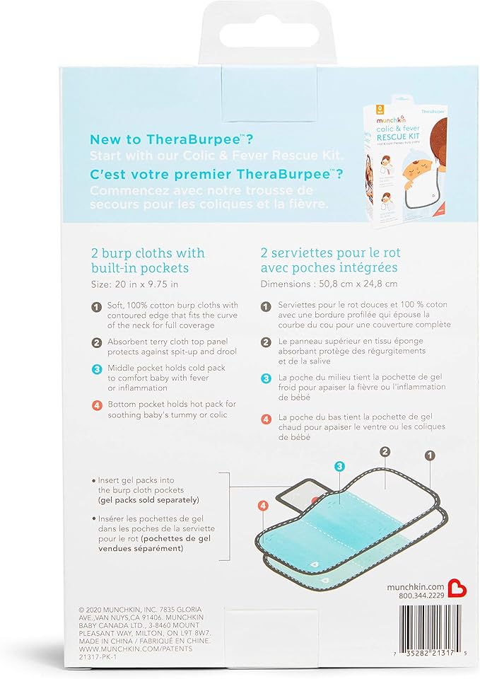 Munchkin® TheraBurpee: 2 Pack Burp Cloths with Built-in Pockets, for use with Colic & Fever Rescue Kit, 1 Blue, 1 Mint,2 Count (Pack of 1)