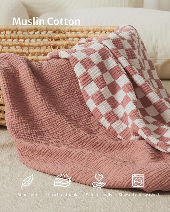 Blissful Diary Muslin Crib Sheets for Girl Boy, Boho Neutral Soft Cotton Baby Sheet for 52''x28'' Standard Crib Mattress, 2 Pack(Dusty Pink Checkboard & Dusty Pink)