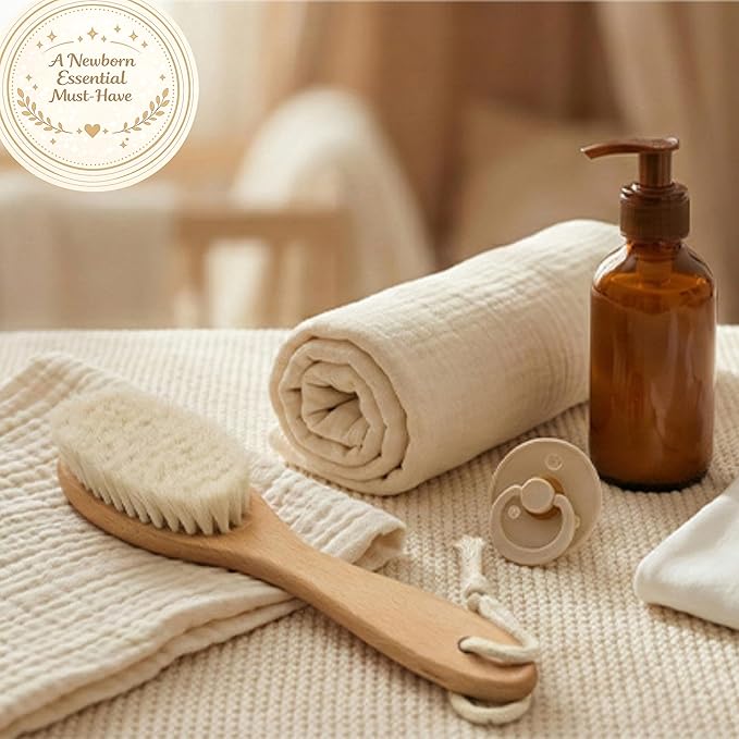 Wooden Baby Hair Brush with Natural Goat-Hair Bristles - Ultra Soft Baby Brush for Newborns & Infants with a Cotton Travel Pouch - Helps with Cradle Cap Care - 21cm Easy Grip Beech Wood Handle