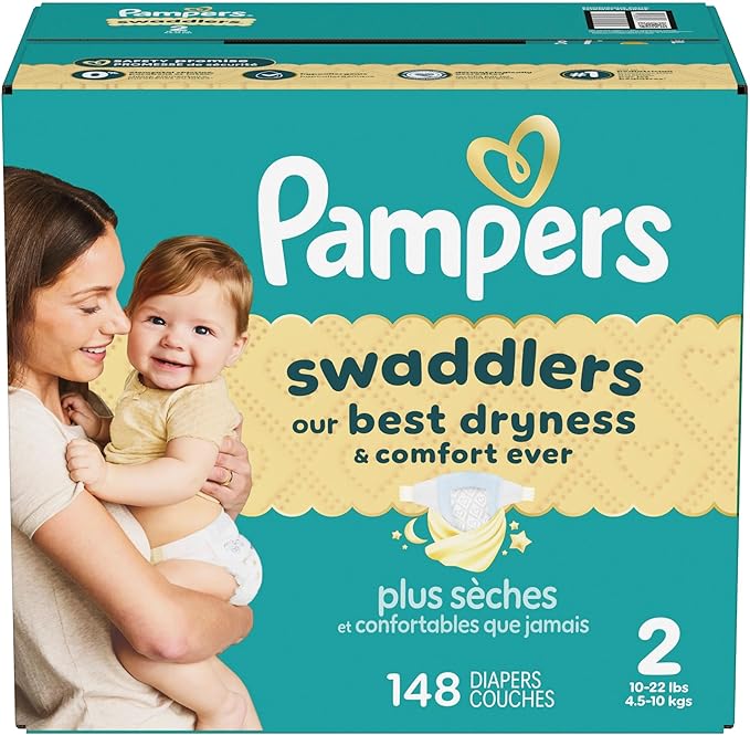 Pampers Swaddlers Diapers, Size 2 (10-22 lbs), 148 Count, Absorbent, Keeps Baby Dry and Comfortable, Skin Safe Disposable Baby Diaper