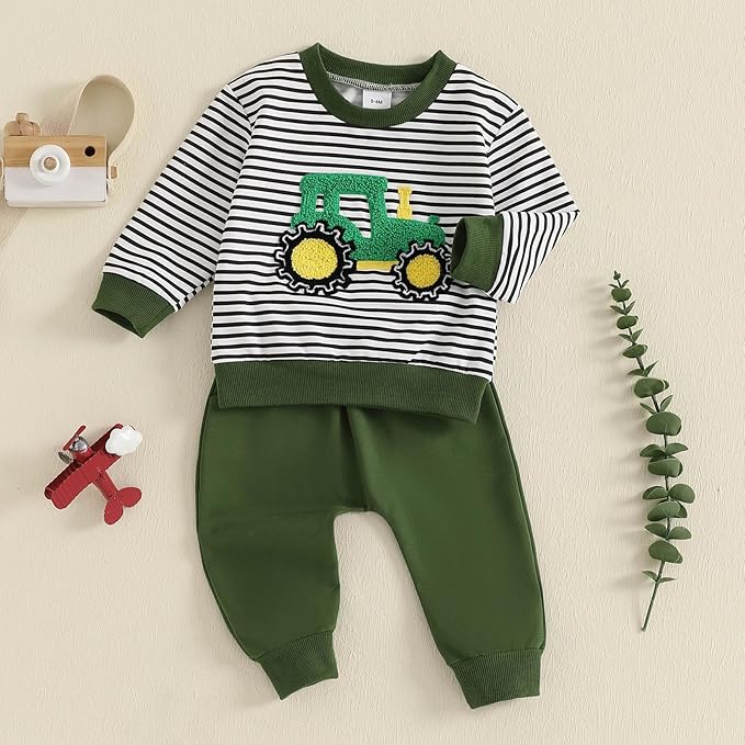 FOCUSNORM Toddler Baby Boy Fall Winter Outfit Excavator Embroidered Long Sleeve Sweatshirt Elastic Jogger Pant 2 Pcs Clothes