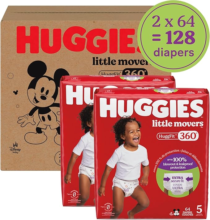 Huggies Size 5 Baby Diapers, Little Movers HuggFit 360° Baby Diapers with 360° Waistband, Size 5 (27+ lbs), 128 Count (2 Packs of 64), Packaging May Vary