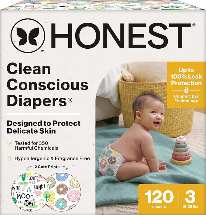 The Honest Company Comfort Dry Disposable Diapers for Sensitive Skin, Hypoallergenic, Barnyard Babies + Donut Grow Up, Super Club Box Size 3 (16–28 lbs), 120 Count