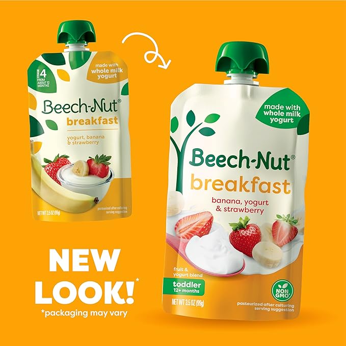 Beech-Nut Toddler Food Breakfast Pouches Variety Pack, NEW Breakfast Favorites Fruit & Yogurt Purees Variety Pack, 3.5 oz (18 Pack)