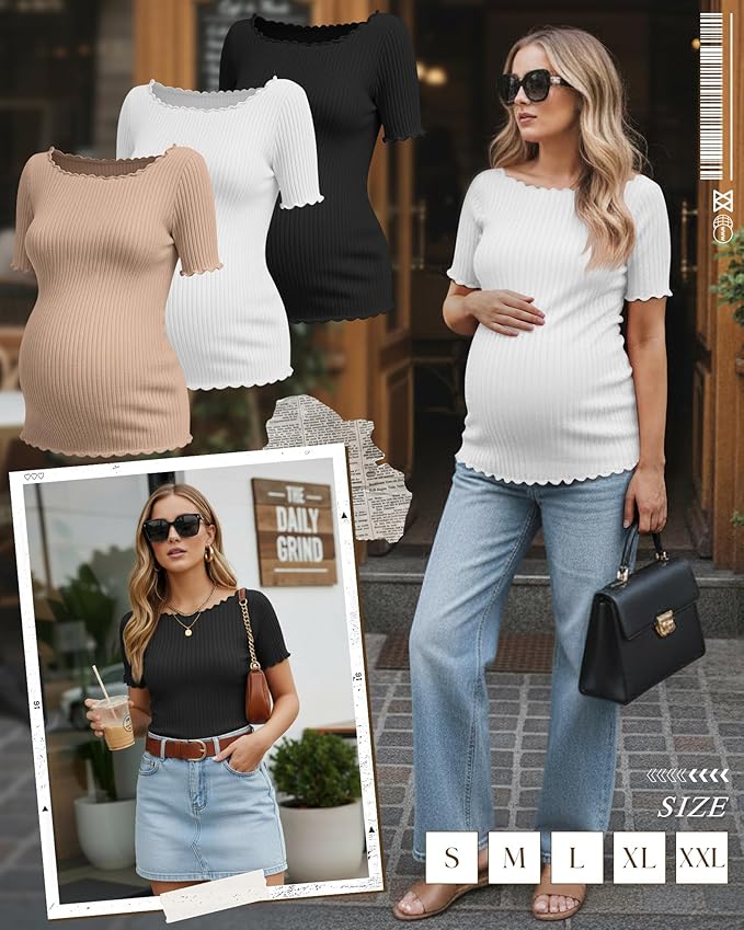 3 Pack Women's Maternity Ribbed Shirts Cotton Short Sleeve Pregnancy Tops Boat Neck Lettuce Trim Mama Clothes