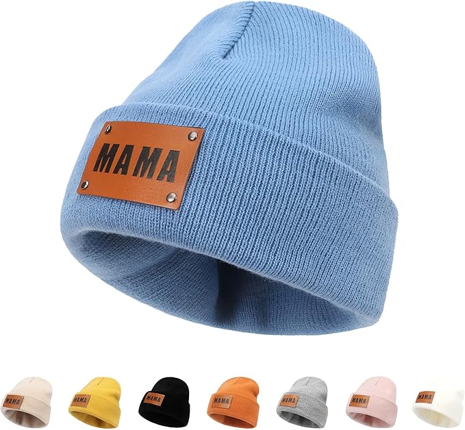 Personalized Name Baby Beanie Hat Leather Patch - Apricot Beanies Knit Hat Birthday Gifts for Kids Toddler to Adults