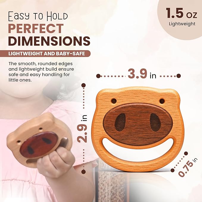 HippoToys Wooden Baby Rattle for 0 to 12 Months | No Paint, No Plastic, No Toxins | Montessori Inspired Natural Baby Toy | Calm Muted Sound | 100 Percent Natural Beechwood | Ideal for Baby Gifting